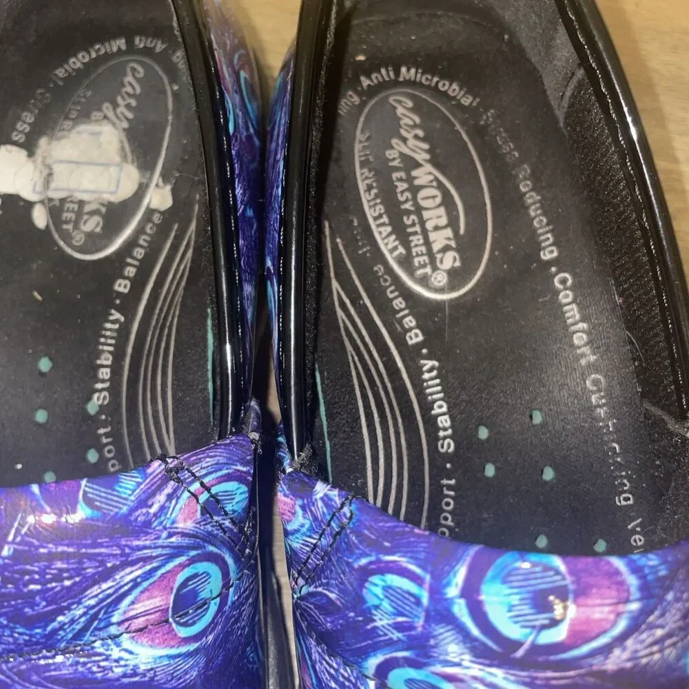 Easy Street Women's 8.5M Work Nursing Shoe Slip-Resist Clog Peacock Blue Artsy